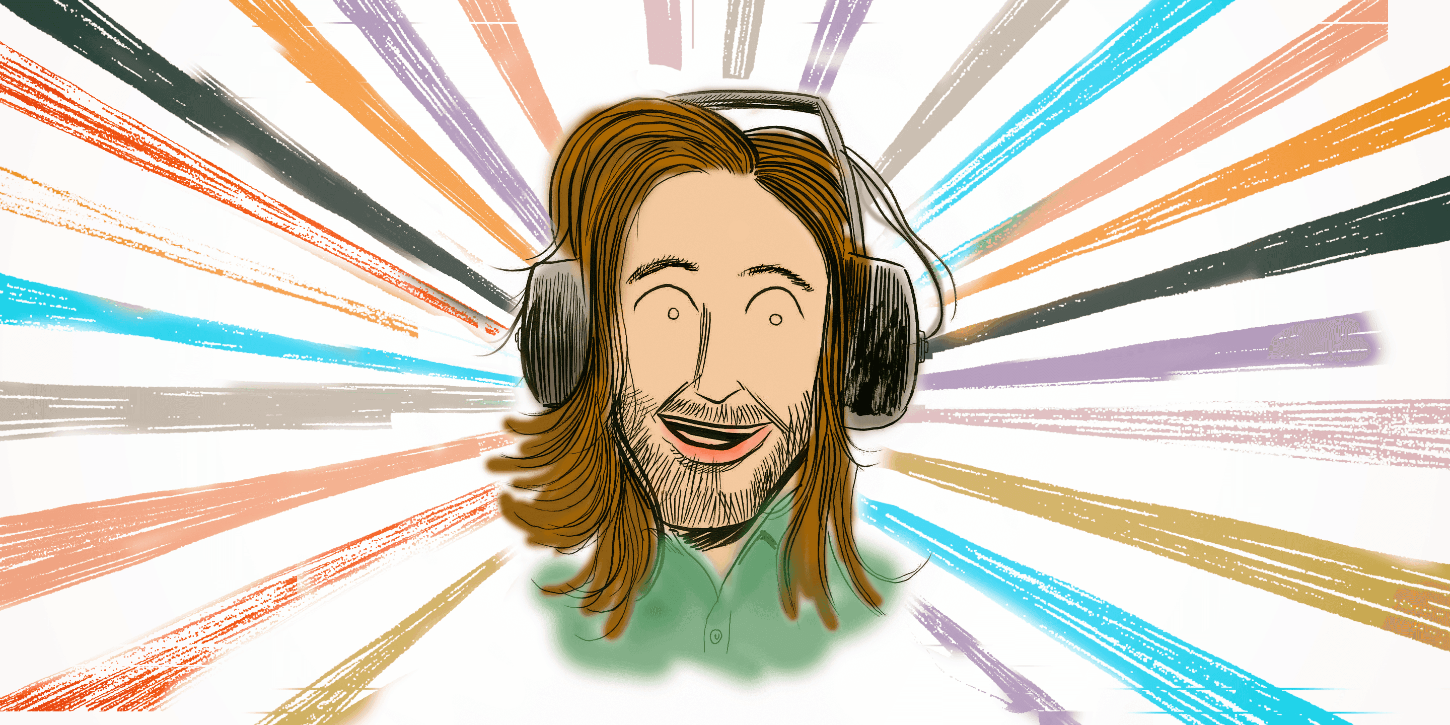 Cartoon illustration of Andrew wearing headphones, with rainbow rays behind him