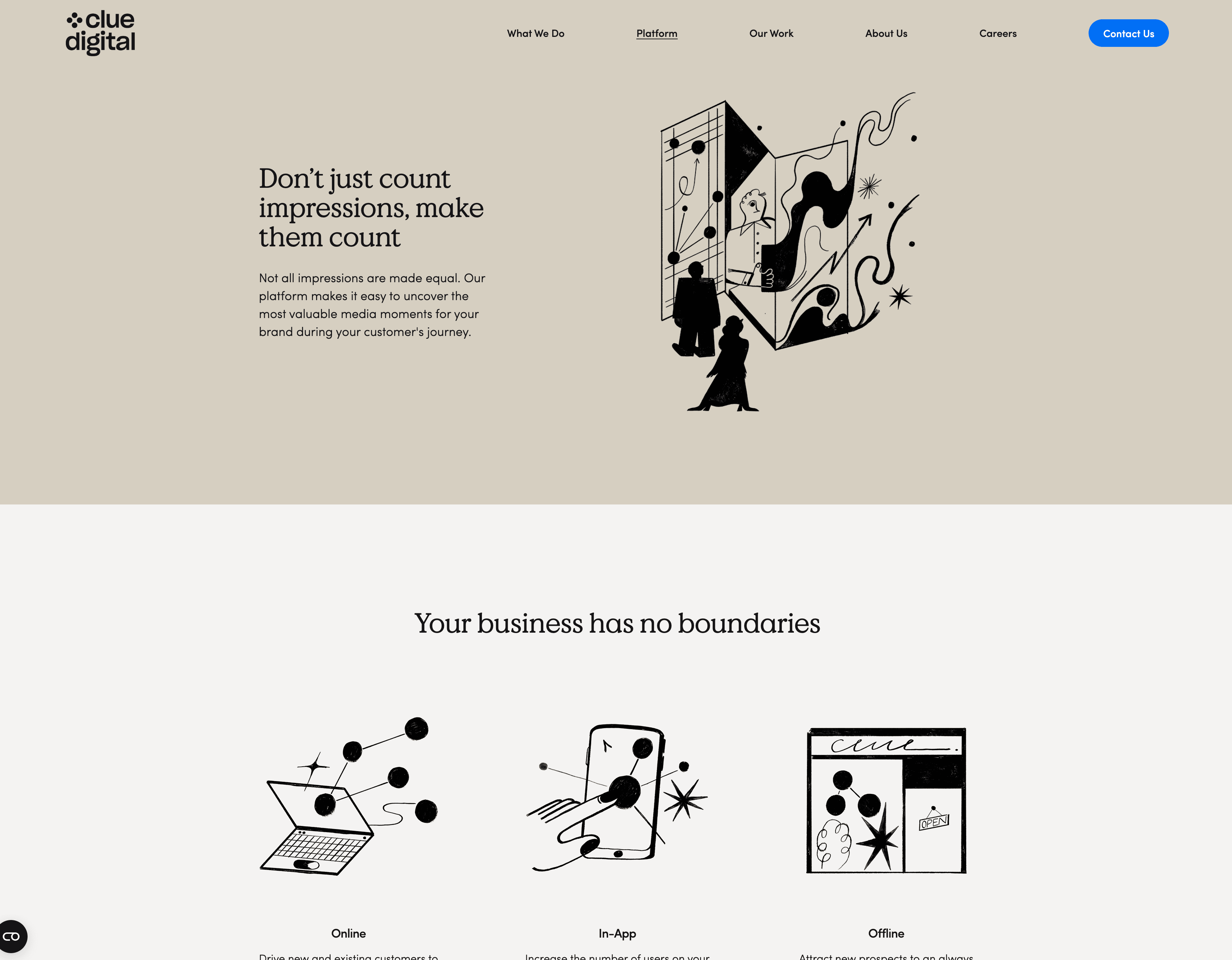 Clue Digital homepage with the headline “Don’t just count impressions, make them count”